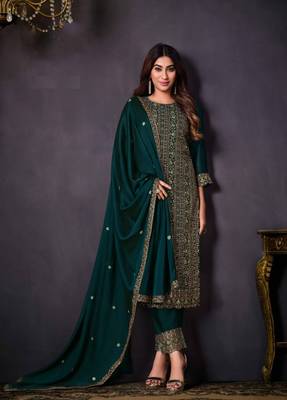 Green rangoli with coding sequence embroidery work salwar kameez Dupattas 1