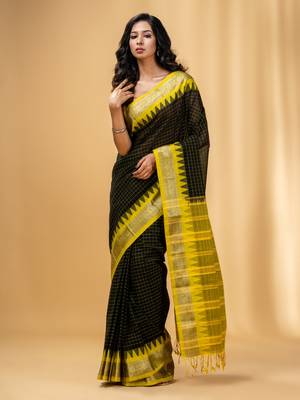 Black Cotton Handwoven Checkered Saree With Zari Nakshi Borders 2