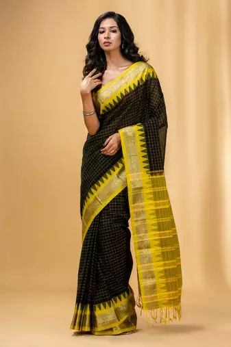 Black Cotton Handwoven Checkered Saree With Zari Nakshi Borders