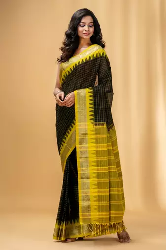 Black Cotton Handwoven Checkered Saree With Zari Nakshi Borders