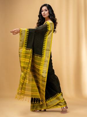 Black Cotton Handwoven Checkered Saree With Zari Nakshi Borders 4