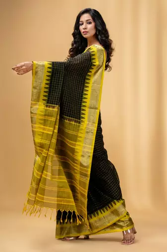 Black Cotton Handwoven Checkered Saree With Zari Nakshi Borders