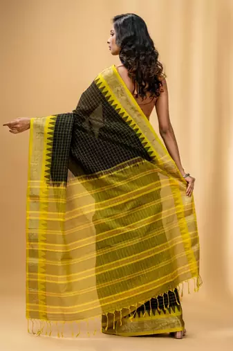 Black Cotton Handwoven Checkered Saree With Zari Nakshi Borders