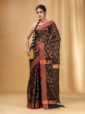 Black Cotton Blend Handwoven Saree With Texture Pattern 1