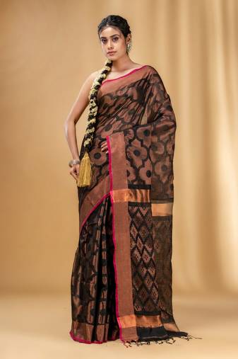 Black Cotton Blend Handwoven Saree With Texture Pattern