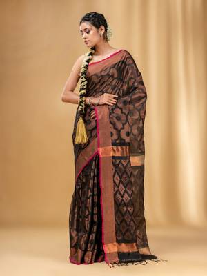 Black Cotton Blend Handwoven Saree With Texture Pattern 2