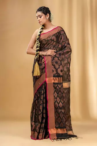 Black Cotton Blend Handwoven Saree With Texture Pattern