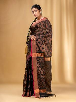 Black Cotton Blend Handwoven Saree With Texture Pattern 3
