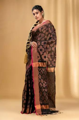 Black Cotton Blend Handwoven Saree With Texture Pattern