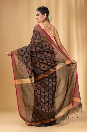 Black Cotton Blend Handwoven Saree With Texture Pattern