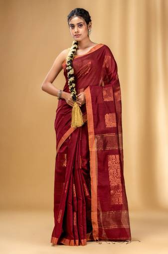 Maroon Cotton Blend Handwoven Saree With Nakshi Design