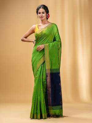 Parrot Green Cotton Blend Handwoven Saree With Texture Motifs 1