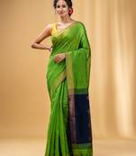 Parrot Green Cotton Blend Handwoven Saree With Texture Motifs