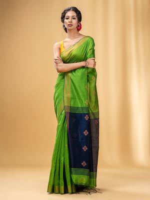 Parrot Green Cotton Blend Handwoven Saree With Texture Motifs 2
