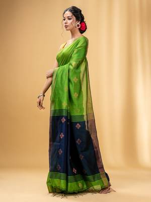 Parrot Green Cotton Blend Handwoven Saree With Texture Motifs 3