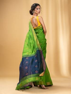 Parrot Green Cotton Blend Handwoven Saree With Texture Motifs 4