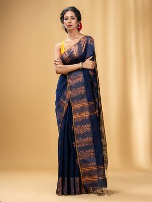 Navy Blue Cotton Blend Handwoven Saree With Nakshi Design 1