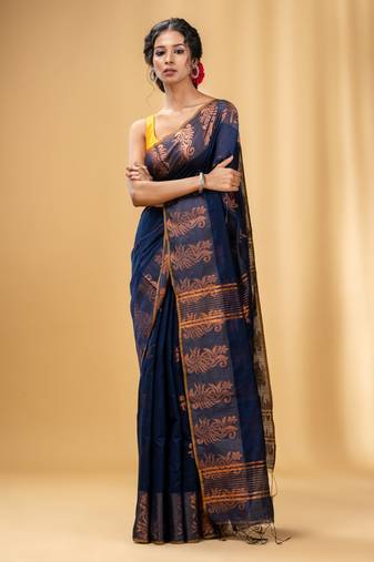 Navy Blue Cotton Blend Handwoven Saree With Nakshi Design