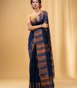 Navy Blue Cotton Blend Handwoven Saree With Nakshi Design