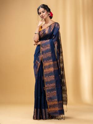 Navy Blue Cotton Blend Handwoven Saree With Nakshi Design 2