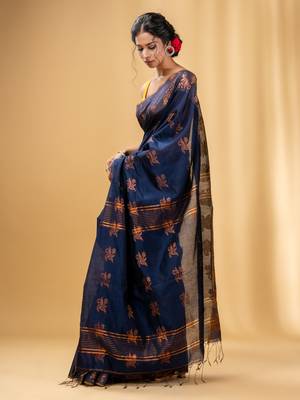 Navy Blue Cotton Blend Handwoven Saree With Nakshi Design 3