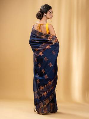 Navy Blue Cotton Blend Handwoven Saree With Nakshi Design 4