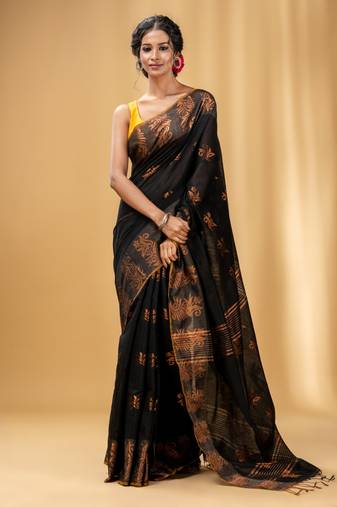 Black Cotton Blend Handwoven Saree With Nakshi Design