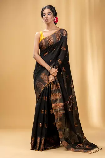 Black Cotton Blend Handwoven Saree With Nakshi Design