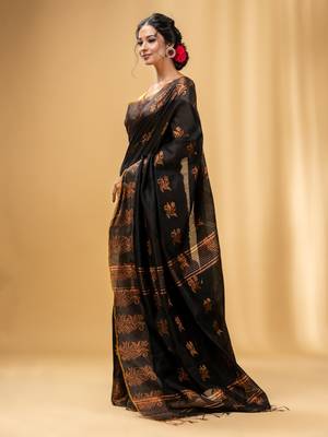 Black Cotton Blend Handwoven Saree With Nakshi Design 3