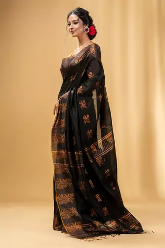 Black Cotton Blend Handwoven Saree With Nakshi Design