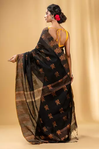 Black Cotton Blend Handwoven Saree With Nakshi Design