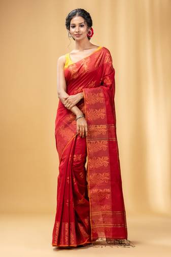 Red Cotton Blend Handwoven Saree With Nakshi Design