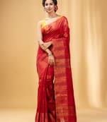Red Cotton Blend Handwoven Saree With Nakshi Design