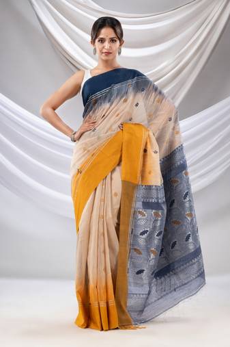 Beige Cotton Blend Handwoven Saree With Ikkat Style
