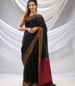 Black Cotton Handwoven Soft Saree With Zari Woven Design