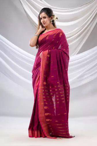 Purple Cotton Handwoven Saree With Zari Border