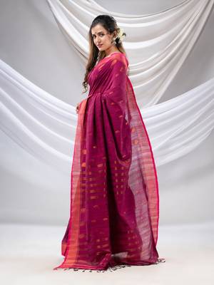 Purple Cotton Handwoven Saree With Zari Border 3
