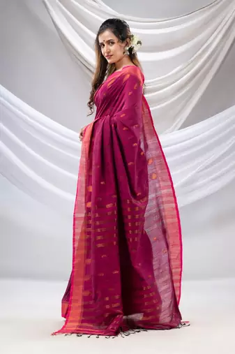 Purple Cotton Handwoven Saree With Zari Border