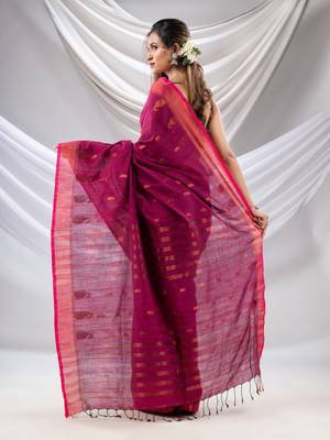 Purple Cotton Handwoven Saree With Zari Border 4