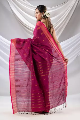 Purple Cotton Handwoven Saree With Zari Border