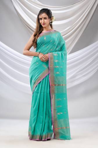 Sea Green Cotton Handwoven Saree With Zari Border