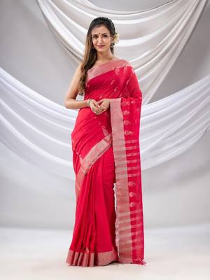 Pink Cotton Handwoven Saree With Zari Border 1