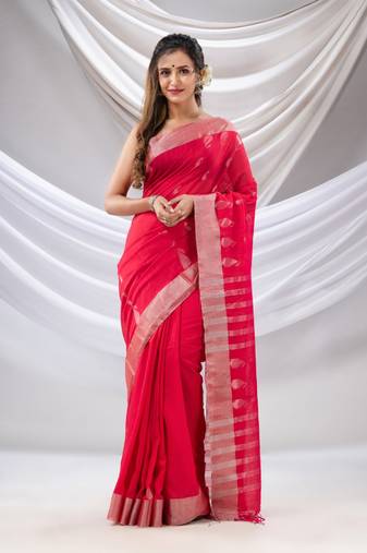 Pink Cotton Handwoven Saree With Zari Border