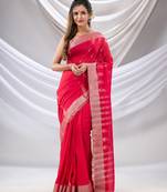 Pink Cotton Handwoven Saree With Zari Border