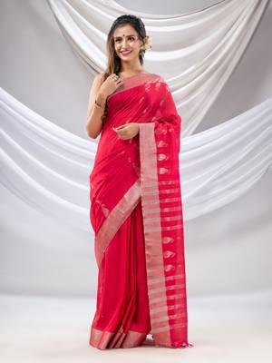 Pink Cotton Handwoven Saree With Zari Border 2