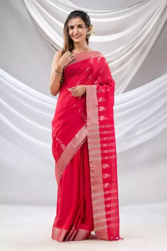 Pink Cotton Handwoven Saree With Zari Border