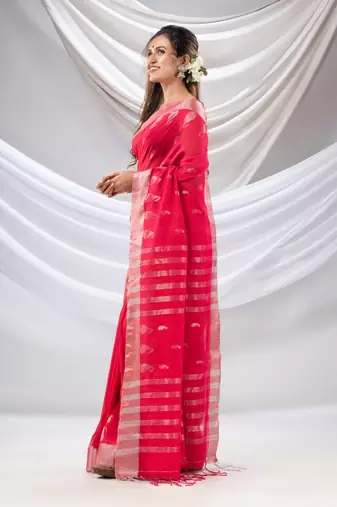 Pink Cotton Handwoven Saree With Zari Border