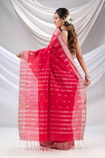 Pink Cotton Handwoven Saree With Zari Border