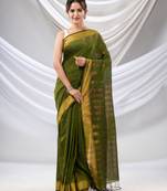 Moss Green Cotton Handwoven Saree With Zari Border