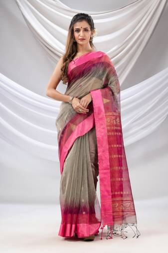 Grey Cotton Blend Handwoven Saree With Ikkat Style